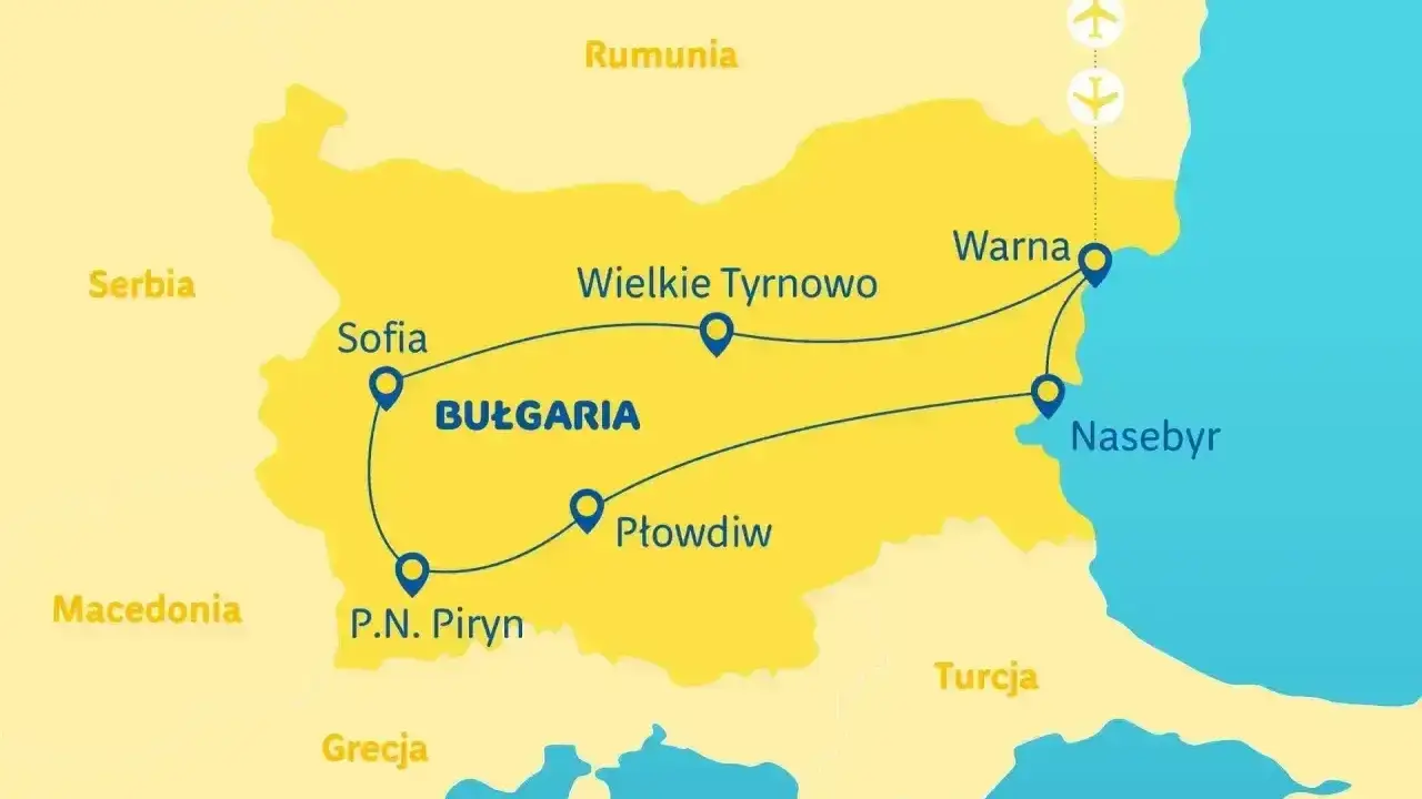 Mapa turystyczna Bułgarii z zaznaczonymi trasami zwiedzania: Sofia, Płowdiw, P.N. Piryn, Wielkie Tyrnowo, Warna, Neseber. Idealna do planowania, co zwiedzić w Bułgarii.