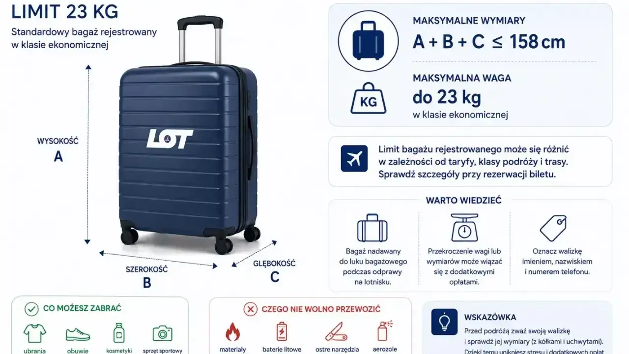 Granatowy **plecak jako bagaż rejestrowany** LOT, limit 23 kg, wymiary A+B+C ≤ 158 cm. Informacje o tym, co można i czego nie wolno przewozić.