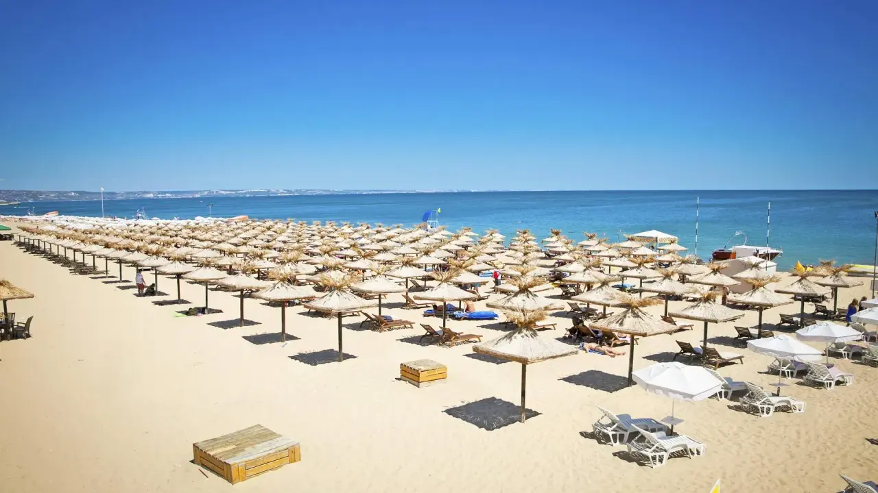 Słoneczny brzeg Bułgaria: Rzędy słomianych parasoli i leżaków na piaszczystej plaży, z błękitnym morzem w tle.