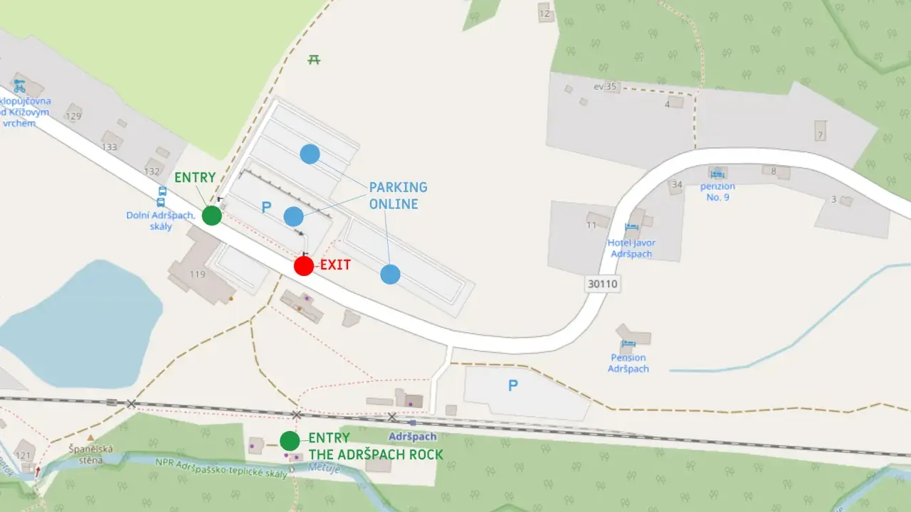 Mapa Adršpach: wejście, wyjście i parking online. Znajdź drogę do skalnego miasta i zaplanuj swój parking.