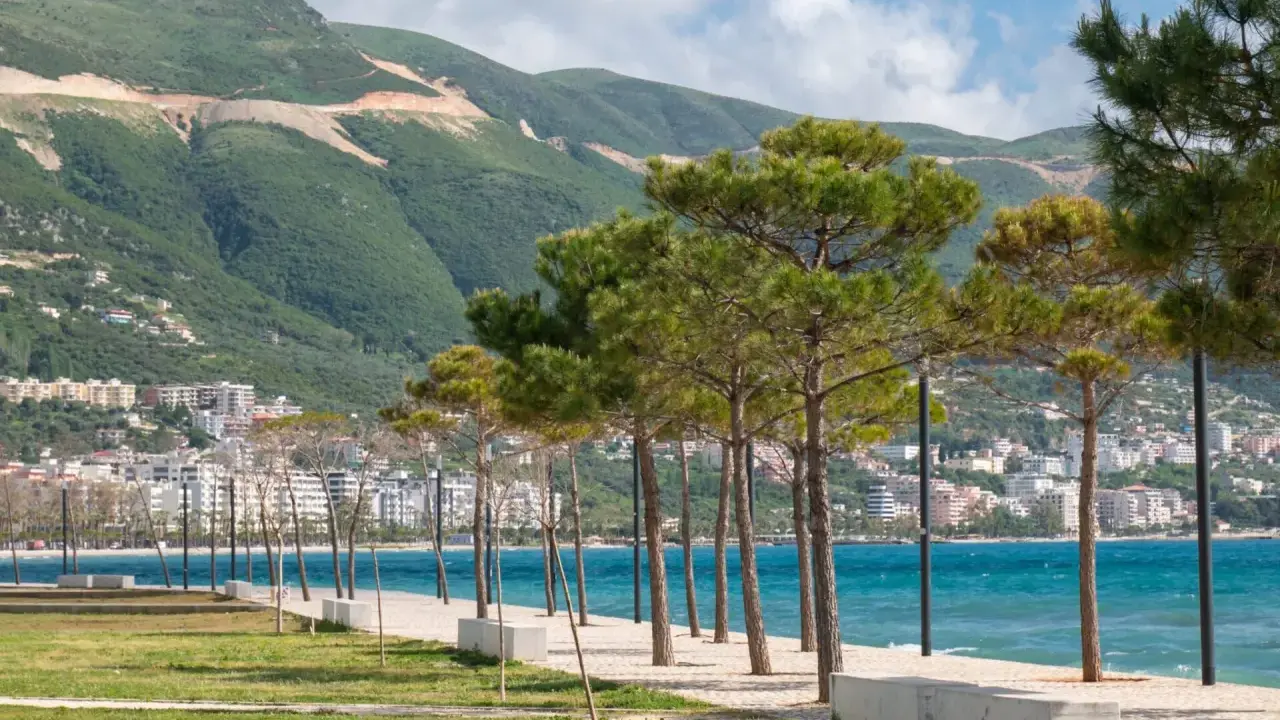 Wlora, Albania. Widok na wybrzeże z drzewami piniowymi, turkusowym morzem i zielonymi wzgórzami w tle.