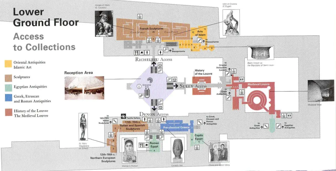 Plan zwiedzania Luwru: dolny parter z dostępem do kolekcji: antyki orientalne, rzeźby, historia Luwru, sztuka islamu, starożytna Grecja, Egipt.