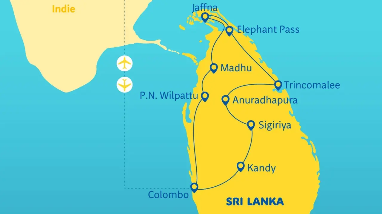 Mapa turystyczna Sri Lanki z zaznaczonymi miastami: Kolombo, Kandy, Sigiriya, Anuradhapura, Trincomalee, Madhu, P.N. Wilpattu, Jaffna, Elephant Pass.