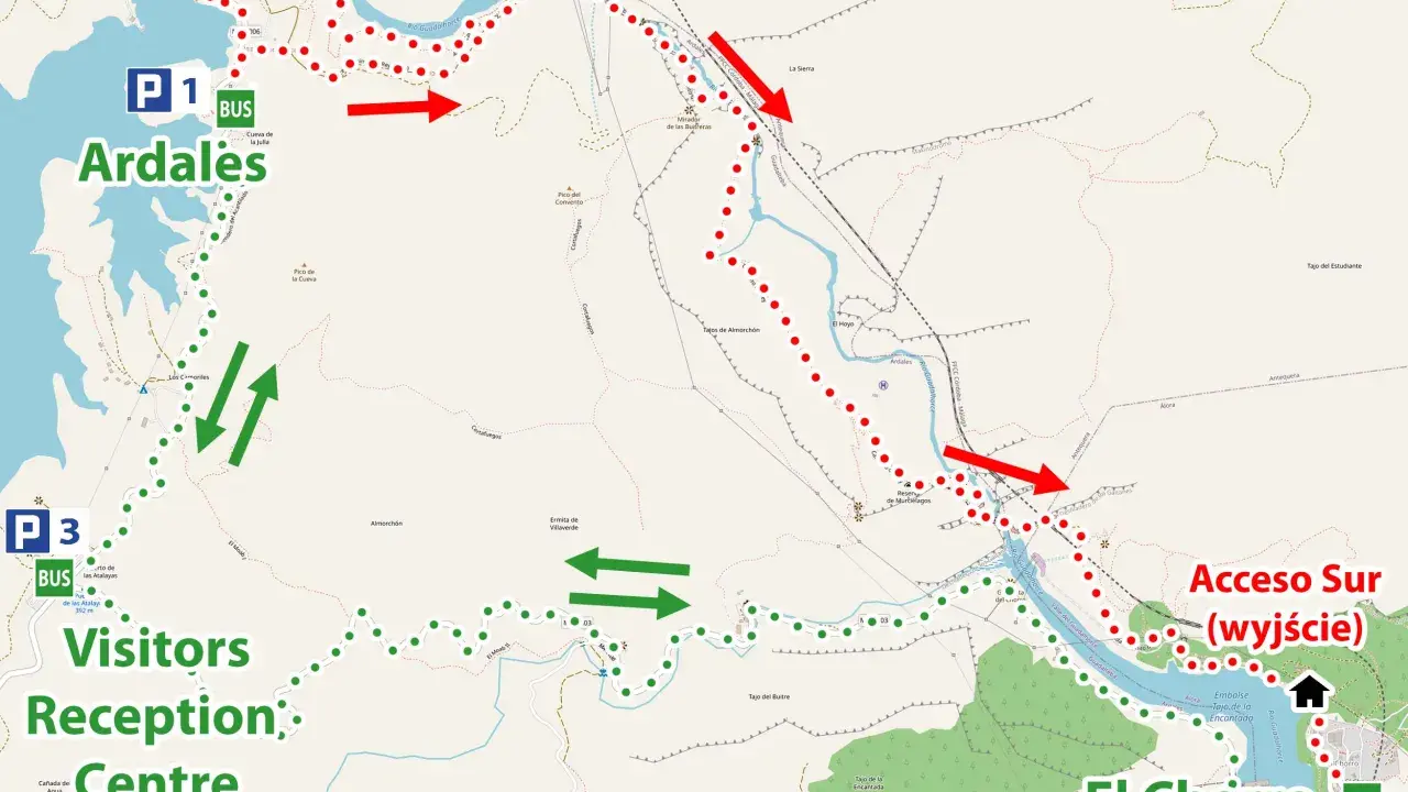 Mapa szlaku ścieżka króla Malaga z zaznaczonymi parkingami P1, P2, P3, punktami wejścia/wyjścia oraz centrum recepcyjnym.