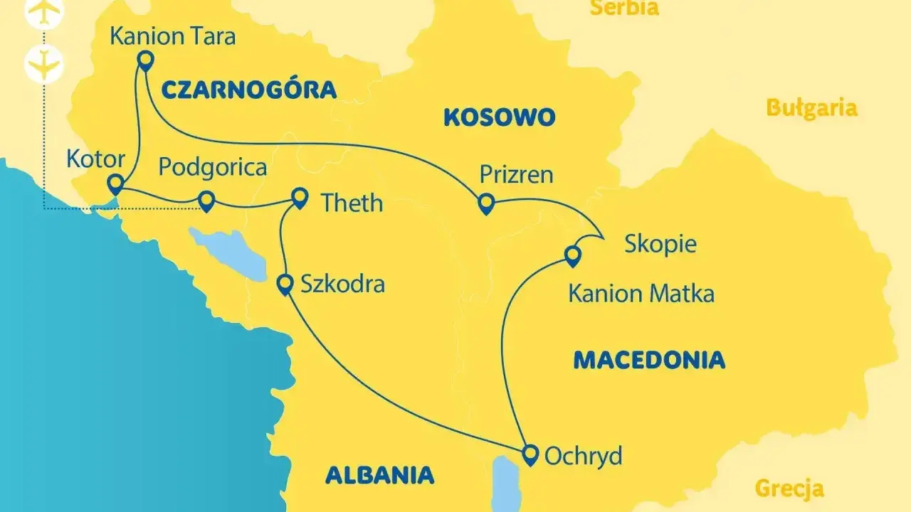 Mapa pokazuje trasę podróży przez Czarnogórę, Kosowo, Macedonię i Albanię. Gdzie jest Albania? Na mapie widać ją na południu, obok Macedonii i Grecji.