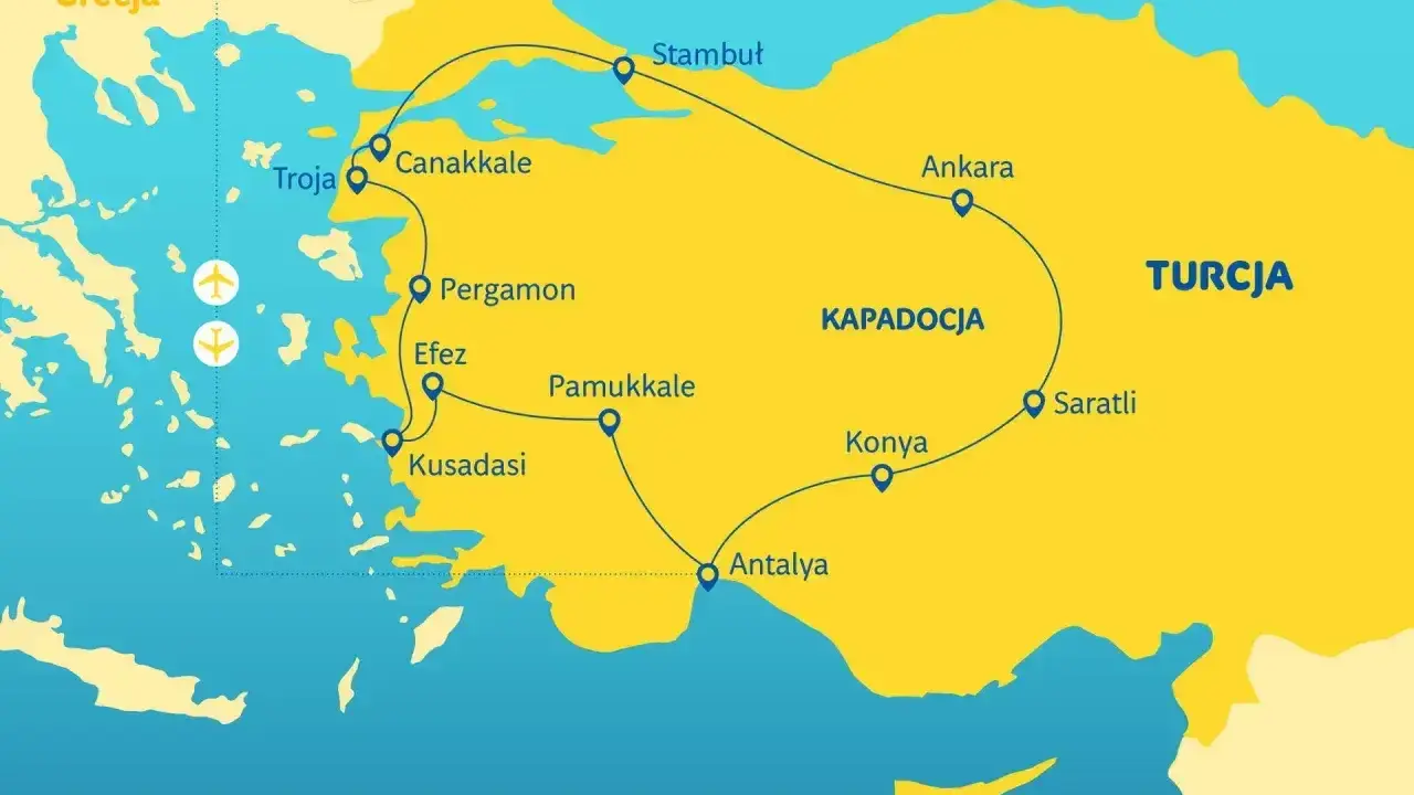 Mapa turystyczna Turcji z zaznaczonymi miastami: Stambuł, Ankara, Kapadocja, Konya, Antalya, Pamukkale, Efez, Pergamon, Troja, Canakkale i Kusadasi.