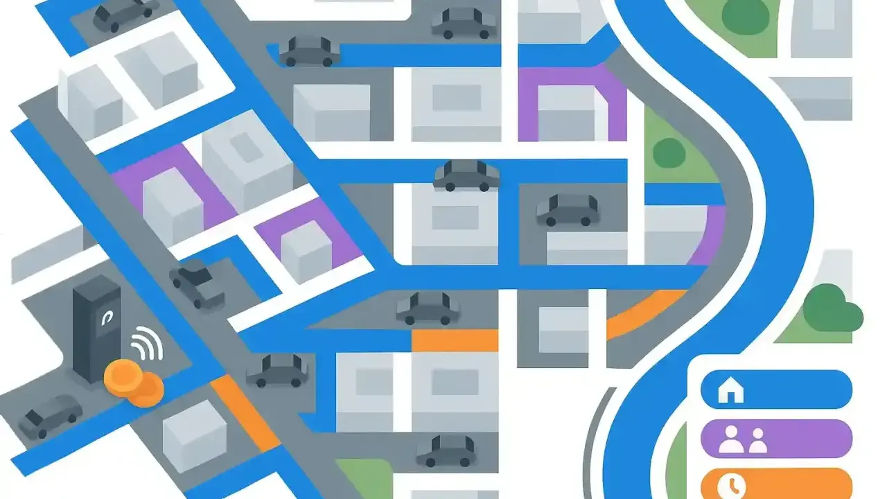 Mapa miasta z samochodami i drogami. Widać darmowy parking Praga z monetami i parkomatem.