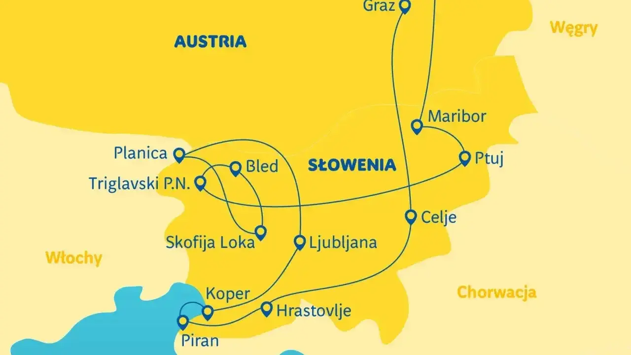 Trasa podróży po Słowenii na 5 dni: od Alp Julijskich (Planica, Triglavski P.N.) przez Bled, Lublanę, wybrzeże (Piran, Koper) po Maribor i Ptuj.