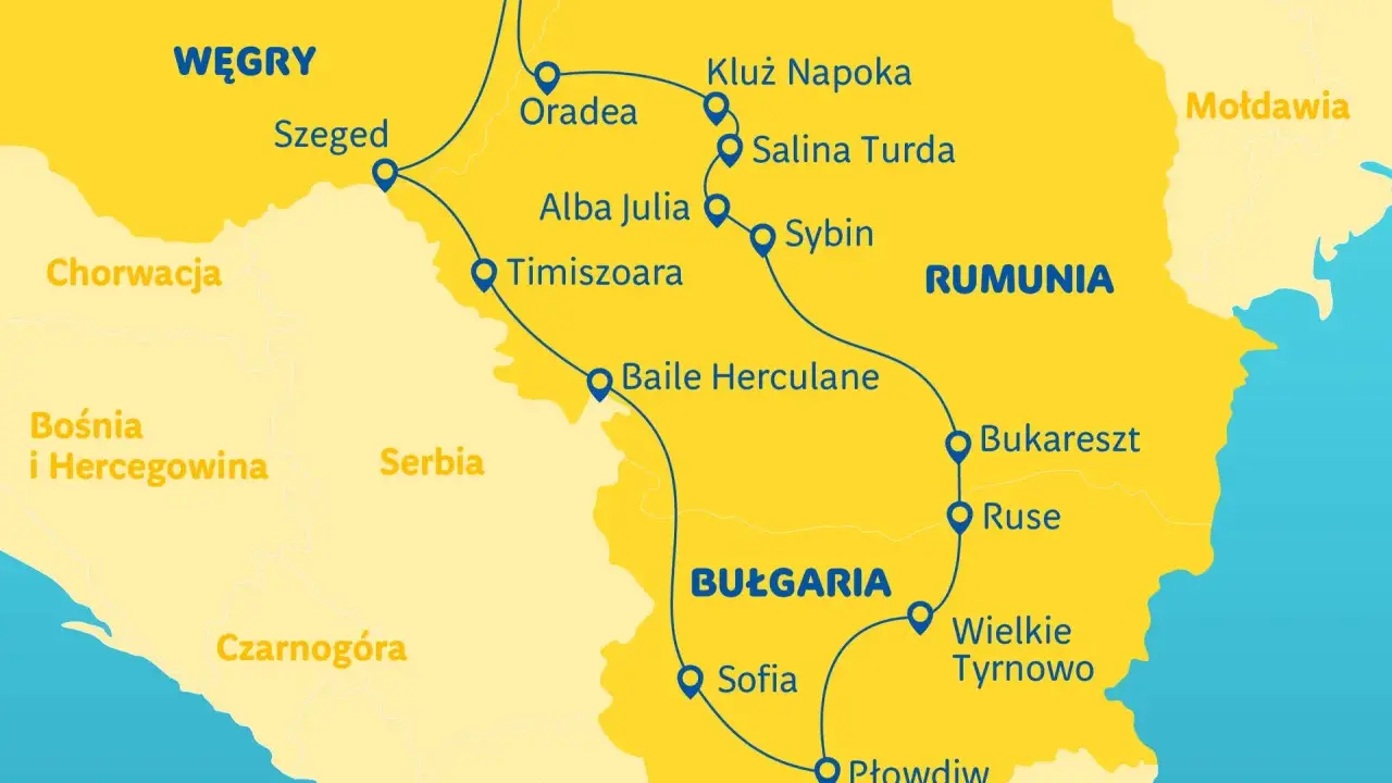 Mapa pokazuje trasę **rumunia wycieczki objazdowe** przez miasta takie jak Kluż Napoka, Sybin, Bukareszt i Płowdiw.