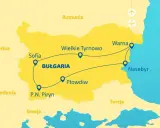 Mapa turystyczna Bułgarii z zaznaczonymi trasami zwiedzania: Sofia, Płowdiw, P.N. Piryn, Wielkie Tyrnowo, Warna, Neseber. Idealna do planowania, co zwiedzić w Bułgarii.