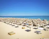 Słoneczny brzeg Bułgaria: Rzędy słomianych parasoli i leżaków na piaszczystej plaży, z błękitnym morzem w tle.