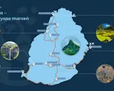 Mapa z trasą zwiedzania Mauritiusa: rajska wyspa marzeń. Zobaczysz tu wodospady, plaże, żółwie i łodzie.