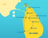 Mapa turystyczna Sri Lanki z zaznaczonymi miastami: Kolombo, Kandy, Sigiriya, Anuradhapura, Trincomalee, Madhu, P.N. Wilpattu, Jaffna, Elephant Pass.