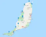 Mapa Fuerteventury z zaznaczonymi miejscowościami: Corralejo, El Cotillo, Puerto del Rosario, Betancuria, Ajuy, Costa Calma, Morro Jable.