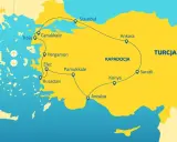 Mapa turystyczna Turcji z zaznaczonymi miastami: Stambuł, Ankara, Kapadocja, Konya, Antalya, Pamukkale, Efez, Pergamon, Troja, Canakkale i Kusadasi.