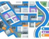 Mapa miasta z samochodami i drogami. Widać darmowy parking Praga z monetami i parkomatem.
