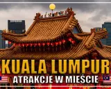 Tradycyjna świątynia z czerwonymi lampionami w Kuala Lumpur, otoczona nowoczesnymi wieżowcami.
