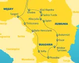 Mapa pokazuje trasę **rumunia wycieczki objazdowe** przez miasta takie jak Kluż Napoka, Sybin, Bukareszt i Płowdiw.