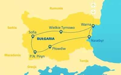 Mapa turystyczna Bułgarii z zaznaczonymi trasami zwiedzania: Sofia, Płowdiw, P.N. Piryn, Wielkie Tyrnowo, Warna, Neseber. Idealna do planowania, co zwiedzić w Bułgarii.