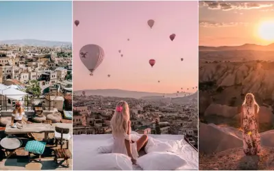 Kapadocja wycieczka objazdowa: widok na miasto z tarasu, balony na niebie i kobieta w krajobrazie.