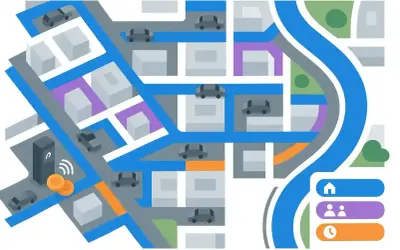 Mapa miasta z samochodami i drogami. Widać darmowy parking Praga z monetami i parkomatem.