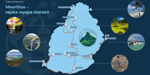 Mapa z trasą zwiedzania Mauritiusa: rajska wyspa marzeń. Zobaczysz tu wodospady, plaże, żółwie i łodzie.