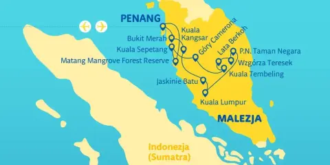 Mapa pokazuje, gdzie leży Malezja, z zaznaczonymi trasami podróży przez Penang, Kuala Lumpur i parki narodowe.