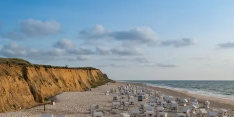 Plaża na wyspie Sylt z rzędem białych koszy plażowych i klifem w tle.