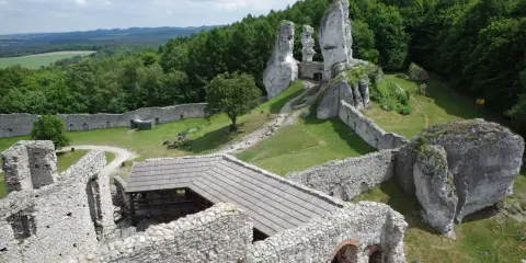 Ruiny zamku na skale, zielone wzgórza i lasy. Wspaniałe **ogrodzieniec atrakcje** dla miłośników historii i przyrody.