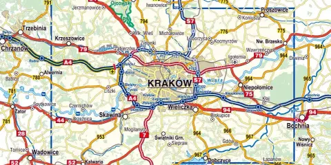 Mapa pokazuje Kraków i okoliczne miejscowości, takie jak Olkusz, Trzebinia, Alwernia, Skawina, Wieliczka, Niepołomice, Bochnia, Myślenice.
