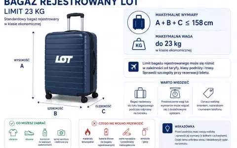Granatowy **plecak jako bagaż rejestrowany** LOT, limit 23 kg, wymiary A+B+C ≤ 158 cm. Informacje o tym, co można i czego nie wolno przewozić.