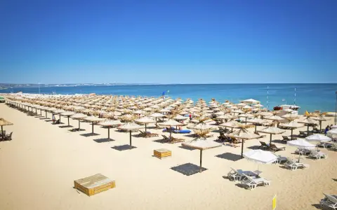 Słoneczny brzeg Bułgaria: Rzędy słomianych parasoli i leżaków na piaszczystej plaży, z błękitnym morzem w tle.
