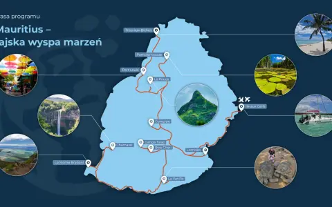 Mapa z trasą zwiedzania Mauritiusa: rajska wyspa marzeń. Zobaczysz tu wodospady, plaże, żółwie i łodzie.