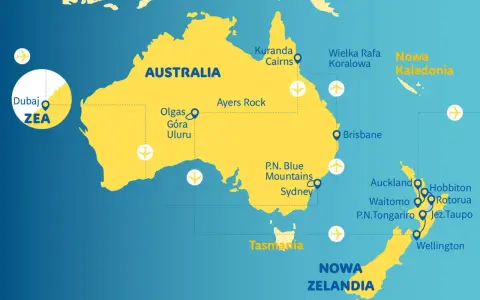 Mapa pokazuje podróż z Dubaju do Australii i Nowej Zelandii, z zaznaczonymi atrakcjami jak Uluru, Wielka Rafa Koralowa i Hobbiton.