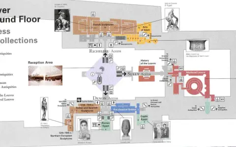 Plan zwiedzania Luwru: dolny parter z dostępem do kolekcji: antyki orientalne, rzeźby, historia Luwru, sztuka islamu, starożytna Grecja, Egipt.