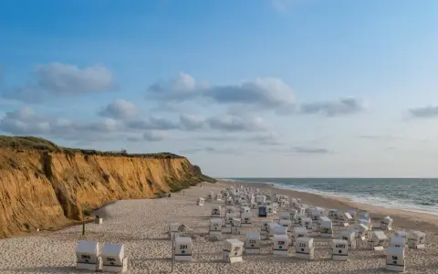 Plaża na wyspie Sylt z rzędem białych koszy plażowych i klifem w tle.