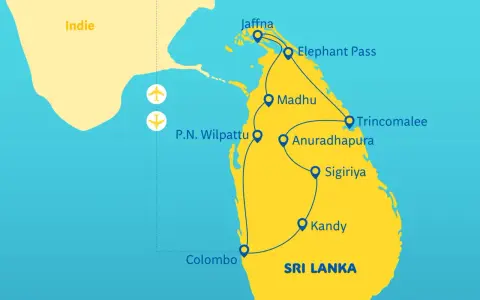 Mapa turystyczna Sri Lanki z zaznaczonymi miastami: Kolombo, Kandy, Sigiriya, Anuradhapura, Trincomalee, Madhu, P.N. Wilpattu, Jaffna, Elephant Pass.