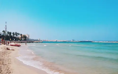 Słoneczna bari plaża z turkusową wodą i palmami w tle. Czerwona łódź ratownicza na piasku.