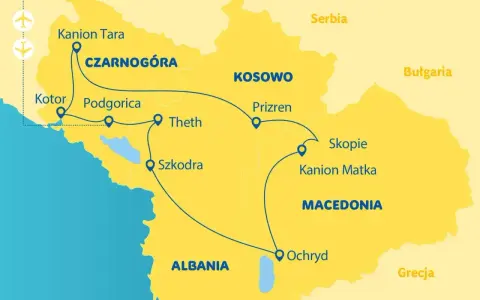 Mapa pokazuje trasę podróży przez Czarnogórę, Kosowo, Macedonię i Albanię. Gdzie jest Albania? Na mapie widać ją na południu, obok Macedonii i Grecji.