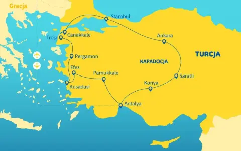 Mapa turystyczna Turcji z zaznaczonymi miastami: Stambuł, Ankara, Kapadocja, Konya, Antalya, Pamukkale, Efez, Pergamon, Troja, Canakkale i Kusadasi.