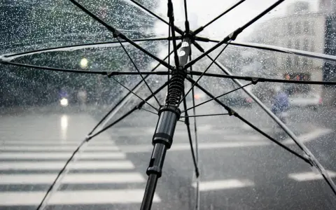 Przezroczysty parasol w deszczu, z widocznym stelażem i kroplami wody. Zastanawiasz się, czy można zabrać parasol do samolotu?