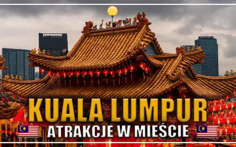 Tradycyjna świątynia z czerwonymi lampionami w Kuala Lumpur, otoczona nowoczesnymi wieżowcami.