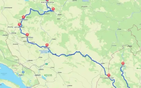 Trasa przez Bośnię i Hercegowinę do Plužine, gdzie jest Czarnogóra. Widoczna droga z punktami: Jezioro Blidinje, Mostar, Plužine.