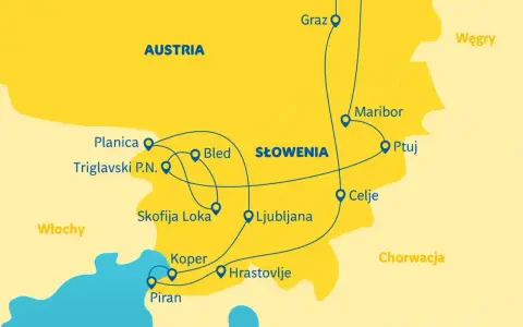 Trasa podróży po Słowenii na 5 dni: od Alp Julijskich (Planica, Triglavski P.N.) przez Bled, Lublanę, wybrzeże (Piran, Koper) po Maribor i Ptuj.