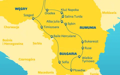 Mapa pokazuje trasę **rumunia wycieczki objazdowe** przez miasta takie jak Kluż Napoka, Sybin, Bukareszt i Płowdiw.