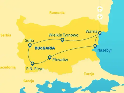 Mapa turystyczna Bułgarii z zaznaczonymi trasami zwiedzania: Sofia, Płowdiw, P.N. Piryn, Wielkie Tyrnowo, Warna, Neseber. Idealna do planowania, co zwiedzić w Bułgarii.