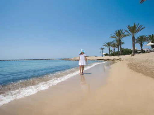 Dziewczyna w białej sukience i niebieskim kapeluszu spaceruje po piaszczystej plaży na Cyprze. Widok idealny, by zobaczyć, co oferuje wyspa.