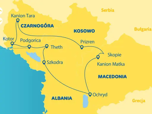 Mapa pokazuje trasę podróży przez Bałkany: Czarnogóra, Kosowo, Macedonia, Albania.