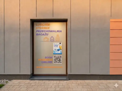 Przechowalnia bagażu w Budapeszcie. Szyba z napisem "Luggage Storage" i "Przechowalnia Bagażu". QR kod do rezerwacji online.