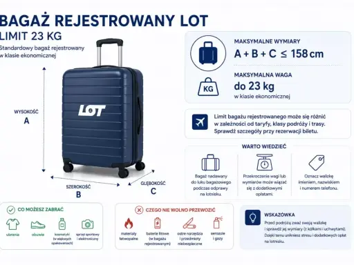 Granatowy **plecak jako bagaż rejestrowany** LOT, limit 23 kg, wymiary A+B+C ≤ 158 cm. Informacje o tym, co można i czego nie wolno przewozić.